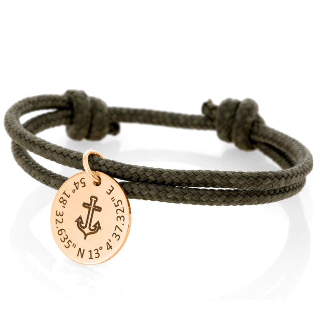 Surfer Armband mit Gravur Anhänger khaki Anker Motiv