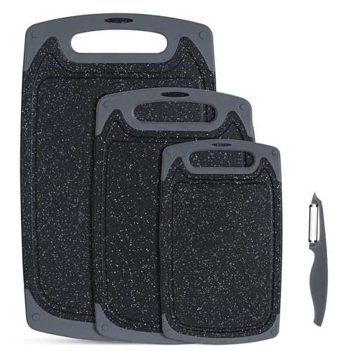 SKERITO Schneidebrett kunststoff 3er-Set für die Küche,Schneidebretter mit Saftrillen&Rutschfeste Griffe Schneidbrett BPA-Free Cutting board Küch küchenbrett Frühstücksbrettchen Schwarz