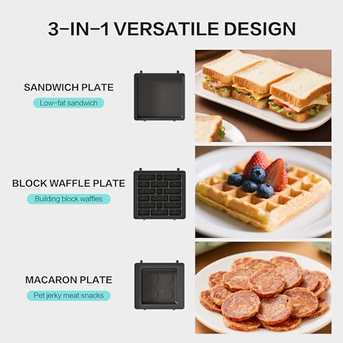 Candy 3-in-1 Waffle Maker, Grilled Sandwich Maker with Removable Plates, Nonstick Iron Mini Toaster, Unique Colorful Bricks Design, Fun Gift for Kids, Panini Press for Breakfast, Snacks or Pancakes