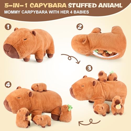 5-in-1 Capybara Stuffed Animals with Babies Inside, 5Pcs Set Capybara Plush with Mommy & 4 Babies, Soft Pillow Plushies Decor, Cute 3 to 8 Year Old Girl Gift, Imaginative Play Toy (Capibara)