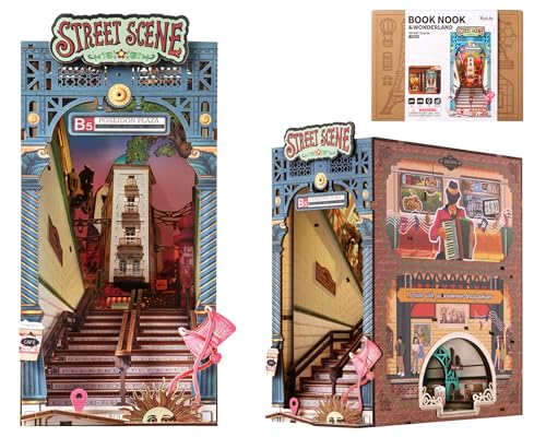 Rolife Book Nook Street Scene, DIY Miniaturhaus Kit mit Lichtern, Booknook für Erwachsene zum Bauen, 3D Holz Puppenhaus Buchstütze Sammlerstücke & Bücherregal Deko, Weihnachts und Geburtstagsgeschenk