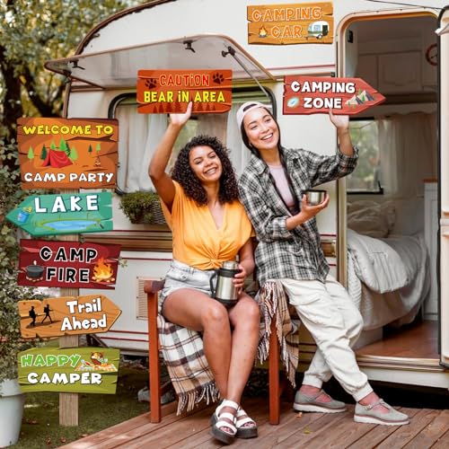 Image of Hooqict 20 Pieces Camping Themed Party Decorations Camping Party Directional Signs for Summer Camp Decor Welcome to Camp Birthday Party Supplies Classroom Wall Door Porch Yard Sign