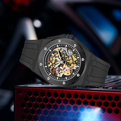 Image of Giordano Automatic Watch for Men - Mechanical Skeleton Dial,Transparent Gear Display, Silicon Strap
