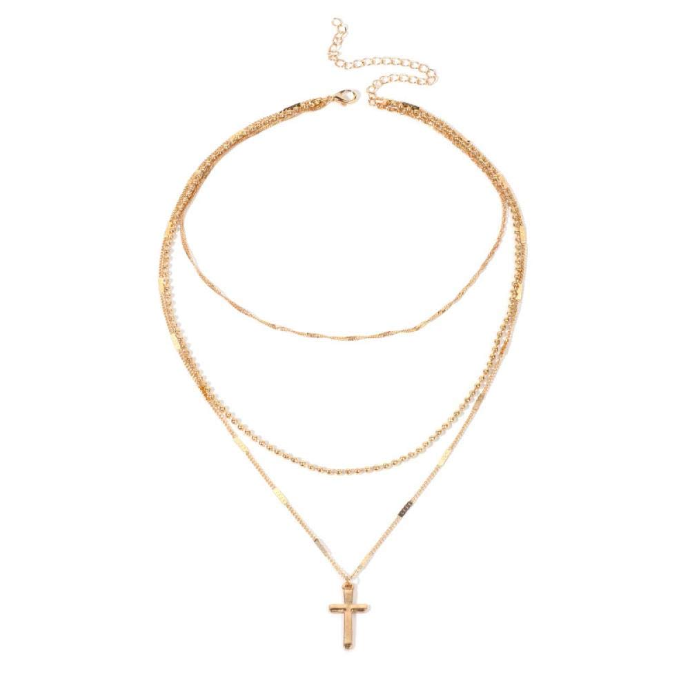 Collier multi-couche avec pendentif croix à longueur ajustable et chaînes légères