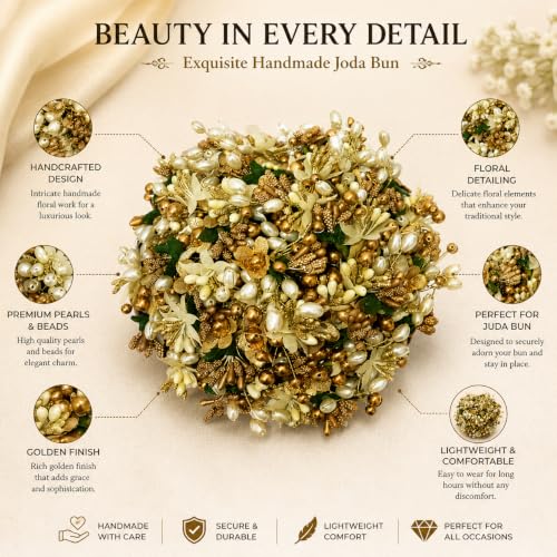 Image of Hair Flare Gilded Floral Hair Juda Bun, Golden and Green bun adorned with glossy artificial flowers, beads, and pollen. Includes Juda pins 2828