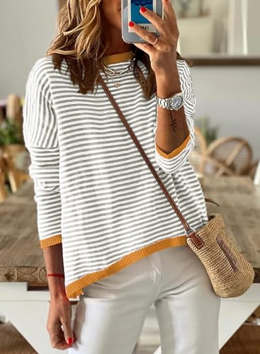 Image of Womens Striped Lightweight Cotton Sweaters Long Sleeve Crew Neck Color Block Casual Knitted Pullover Tops