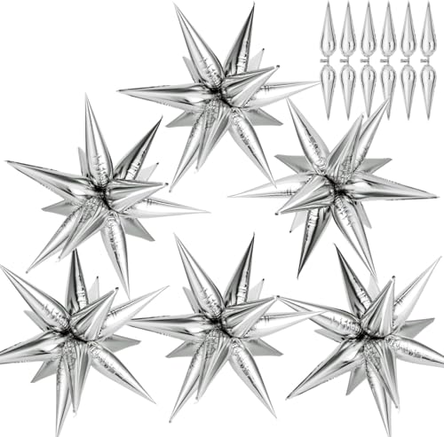 74 PCS Silver Star Balloons 12 Point Star Foil Mylar Balloons Spike Explosion Cone Balloon for Party Decorations Supplies Birthday Wedding Baby Shower Graduation Balloon 2025
