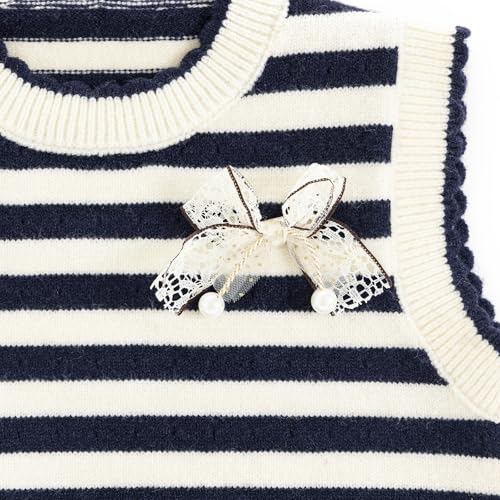 Girls Crew Neck Sweater Vest with Bow Striped Sleeveless Knit Sweater Pullovers Sweater for 3T-8T4