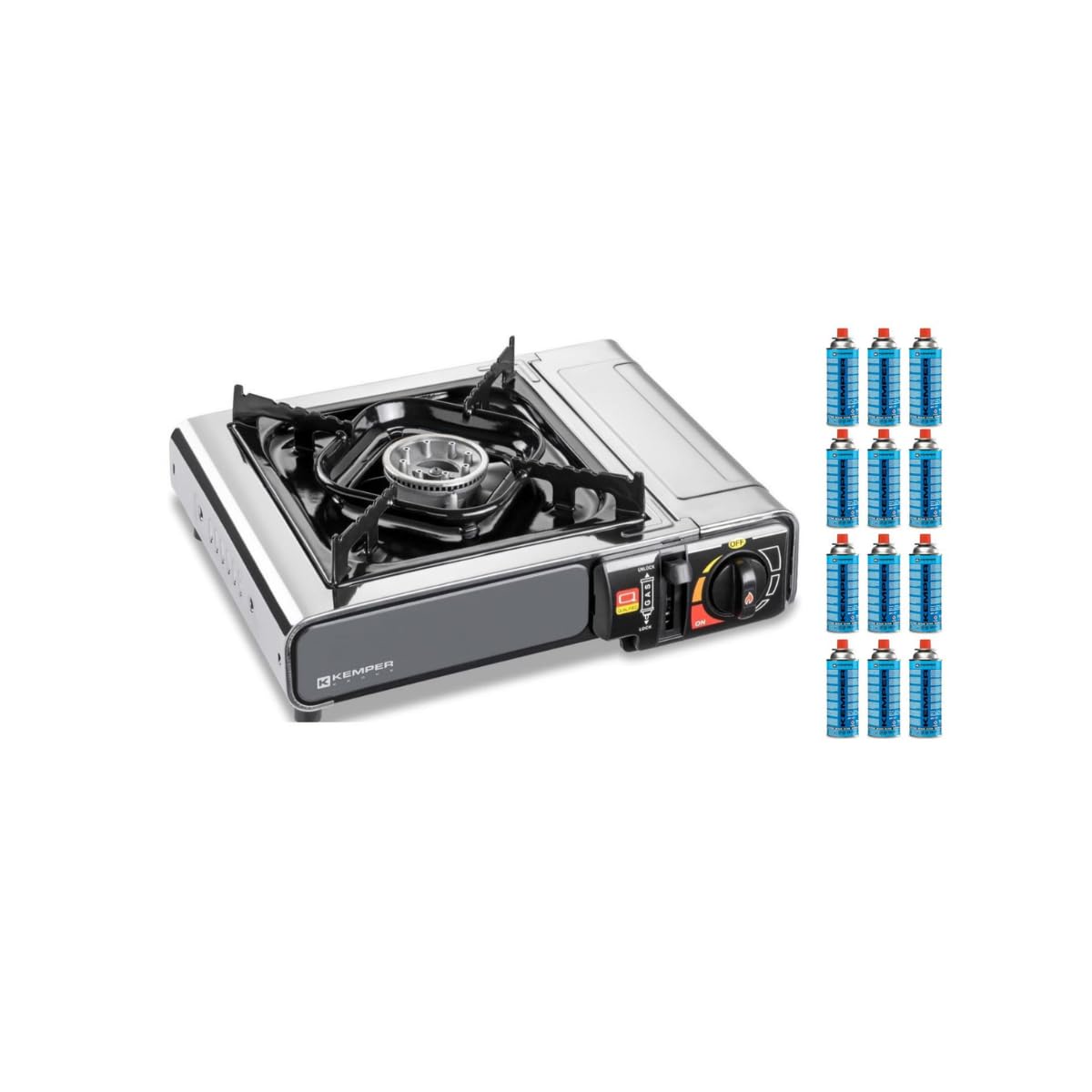 KEMPER - Réchaud à gaz INOX 2200W + 12 Cartouches gaz Allumage piezo Sécurité Insert gaz