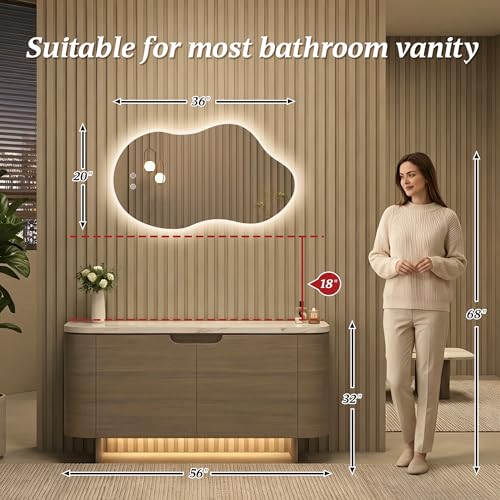 Image of Irregular Backlit Mirror with Lights 20 inchx36 inch Asymmetrical Cloud Mirror Led Bathroom Vanity Mirror for Wall Abstract (Horizontal /Vertical)