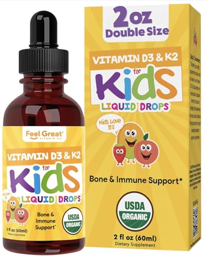 Feel Great USDA Organic Liquid Vitamin D Drops for Infants & Toddlers (2 oz) w/ K2 for Absorption | Vitamin D for Kids Supports Immune Support & Bone Health | Sugar Free Vegan Non-GMO & Gluten Free