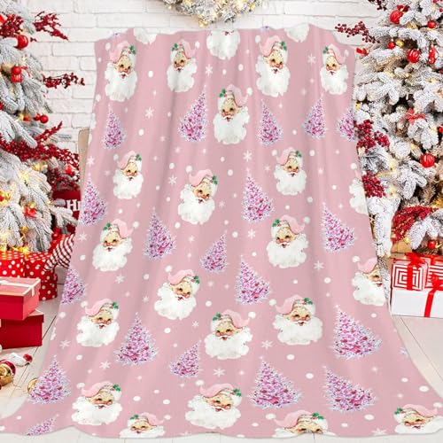 JOOCAR Pink Christmas Throw Blanket Santa Claus Merry Christmas Happy New Year Blanket Cozy Soft Lightweight Flannel Plush Blankets for Bed Couch Living Room Sofa Chair,50x60 Inch