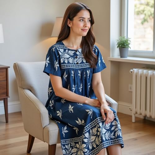 Loungees Short Sleeve Royal Monotone Lounge House Dress Caftan - 3 Button Bib Yoke and Pockets2