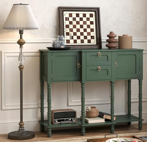 Topbele Console Table with 2 Drawers, Mid-Century Modern Entryway Table with Storage, Retro Narrow Long Behind Couch Sofa Table for Living Room, Foyer, Hallway, Green
