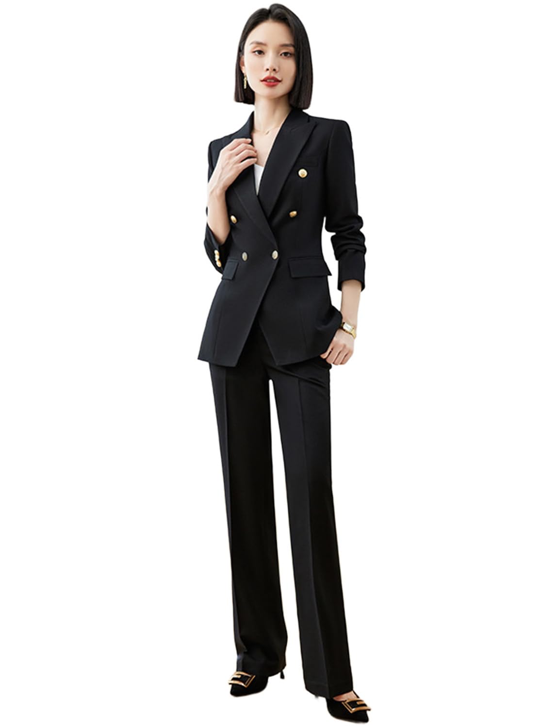 Womens Two-Piece Suit Double Breasted Buttons Peak Lapel Jacket Pants Banquet Daily