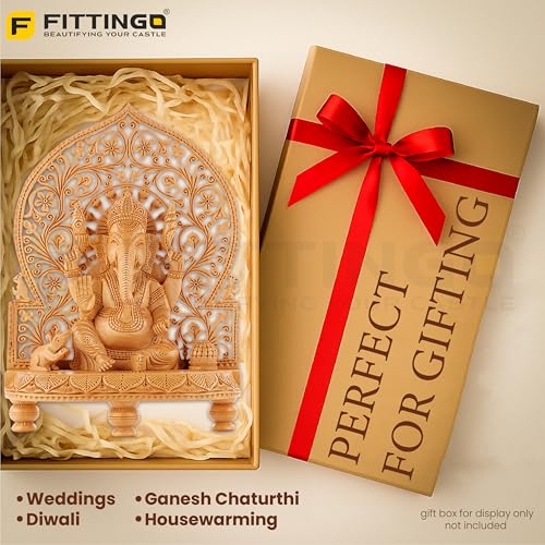 Image of Wooden Ganesh Idol /Handcraft Floral Carving Ganesh Murti /Wooden Ganesha Statue for Home Decor /Ganpati Murti for Home Temple, Pooja Room, Office & Festive Gifting (10.5 Inch)
