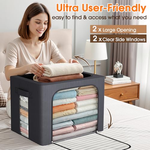 Image of 6 Pack Clothes Storage Bins with Metal Frame,40L Storage Bags Fabric Box Organizer with Clear Window,Zippers,Sturdy Handles(6 Pcs,Light Grey,40L)