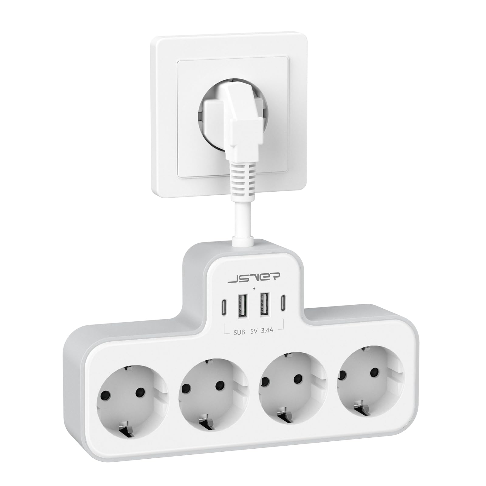 USB C Stekkerdoos 4 Stopcontacten met 3 USB Poorten, 7 in 1 Stekkeradapter met USB Meervoudige Stekker, Plug Adapter Wandstekkerdoos Compatibel met Phone voor Kantoor, Thuis, Wit