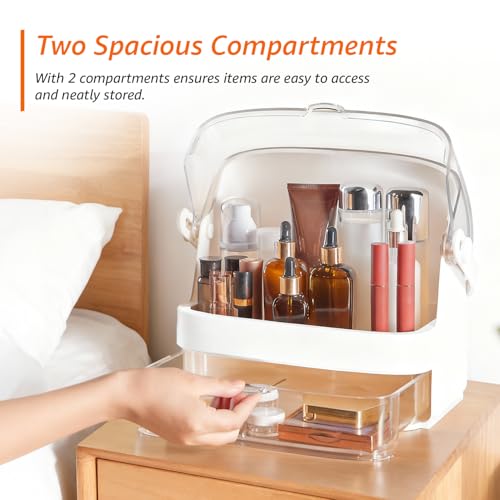 Image of Amazon Basics Glossy ABS+PET Cosmetic Storage Organizer | 27 x 20.5 x 32 cm | 2 Compartments | Waterproof & Dustproof Lid | White