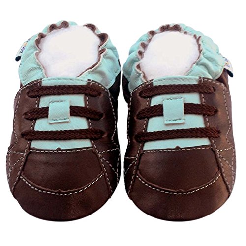 Leather Baby Soft Sole Shoes Boy Girl Infant Children Kid Toddler Crib First Walk Gift Skateboard brownblue (0-6month, Brown/Blue)