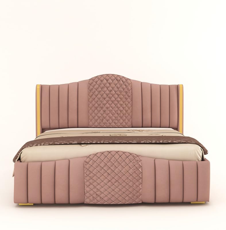 Image of Aesthetic crafts Modern Upholstered King Size Bed with Box Storage for Bedroom | Wooden Double Bed with Storage | Platform Cot Bed with Upholstery Premium Fabric | 6.5 x 6 Ft | Sheesham Wood, Peach