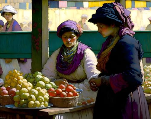 Femmes au travail sur le marché grande affiche sur toile 58x90cm pour mur vide sans cadre