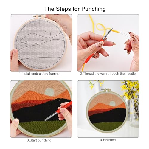 Image of PYHIRRY Punch Needle Kits Adults Beginner Sunset with Tool, Hoop, Yarn, Fabric & Video Tutorials -Complete Punch Needle Kit for Home Decor Craft for Wall Art & Gifts