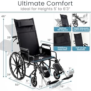 Vive Mobility Reclining Wheelchair with Elevating Leg Rests - Heavy Duty Recliner Wheel Chair for Seniors & Adults - Wide 20" Seat, up to 300lbs - High Back, Leg & Head Support - Comfortable Headrest
