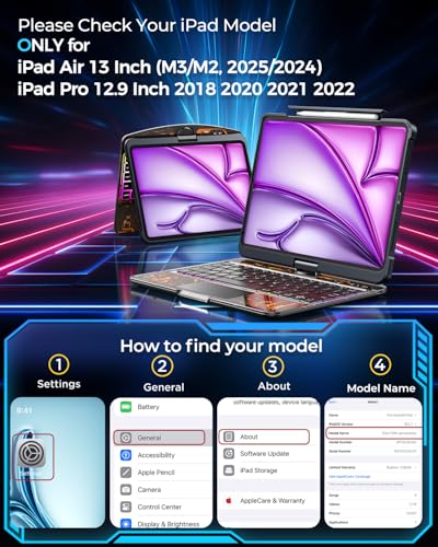 SIEBITU Clear Wireless Keyboard Case for iPad Air 13-inch (M3 2025/M2 2024) & iPad Pro 12.9-inch 6th 5th 4th 3rd Gen with Pencil Holder, Multi-Touch Trackpad & 7-Color Backlit, 360°Rotating, Black
