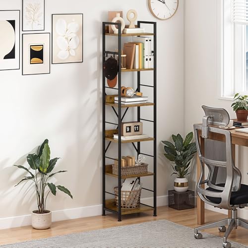 DWVO Scaffale per libri a 6 ripiani, libreria alta con telaio in acciaio, libreria industriale con 4 ganci, scaffale da pavimento, espositore stretto per soggiorno, camera da letto, marrone rustico