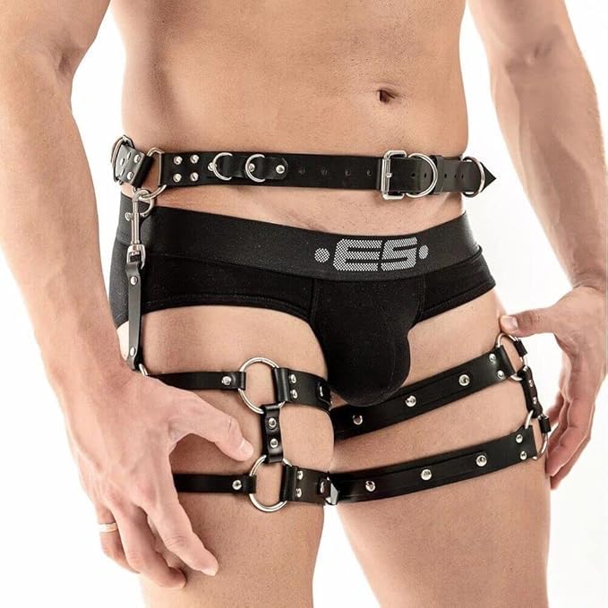 Furealux Men's PU Leather Caged Thigh Holster Goth Punk Suspenders Cage Leg Garter Men PU Leather Body Belt Restraints (Adjustable XL-XXXL)