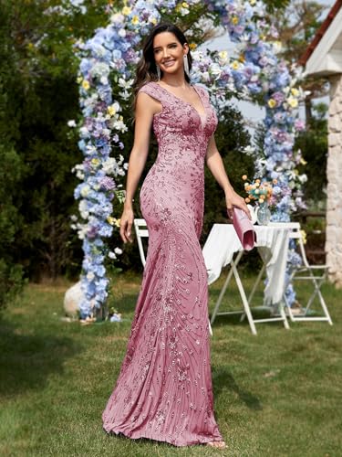 Image of Womens Sequined Long Evening Gown Glamous Sleeveless V-Neck Mermaid Prom Dress for Wedding Party Club Occasions