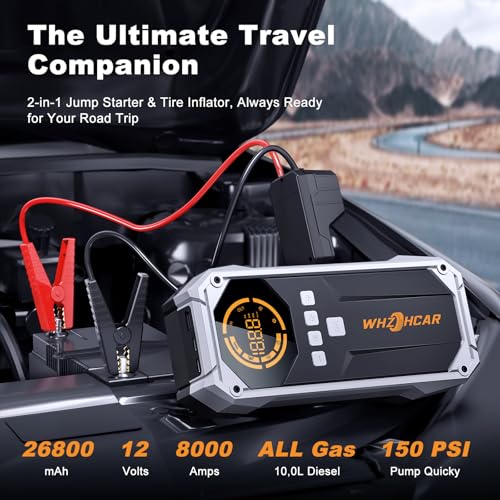 Arrancador de Coches 8000A Compresor de Aire 150PSI Arrancadores de Bateria de Coche 12V (hasta 12L de diésel o All de Gasolina) Jump Starter con Lumen LED Clips de Seguridad Inteligentes Carga Rápida - imagen 2