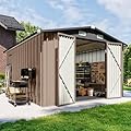 Breezestival 10x12 FT Outdoor Storage Shed with Floor & Lockable Double Doors, Heavy-Duty Galvanized Steel Outdoor Metal Shed for Bike, Tool, Generator Storage in Backyard, Patio (10’x12’, Floor)