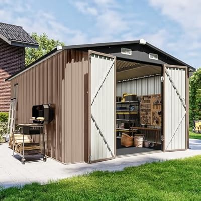 Breezestival 10x12 FT Outdoor Storage Shed with Floor & Lockable Double Doors, Heavy-Duty Galvanized Steel Outdoor Metal Shed for Bike, Tool, Generator Storage in Backyard, Patio (10’x12’, Floor)