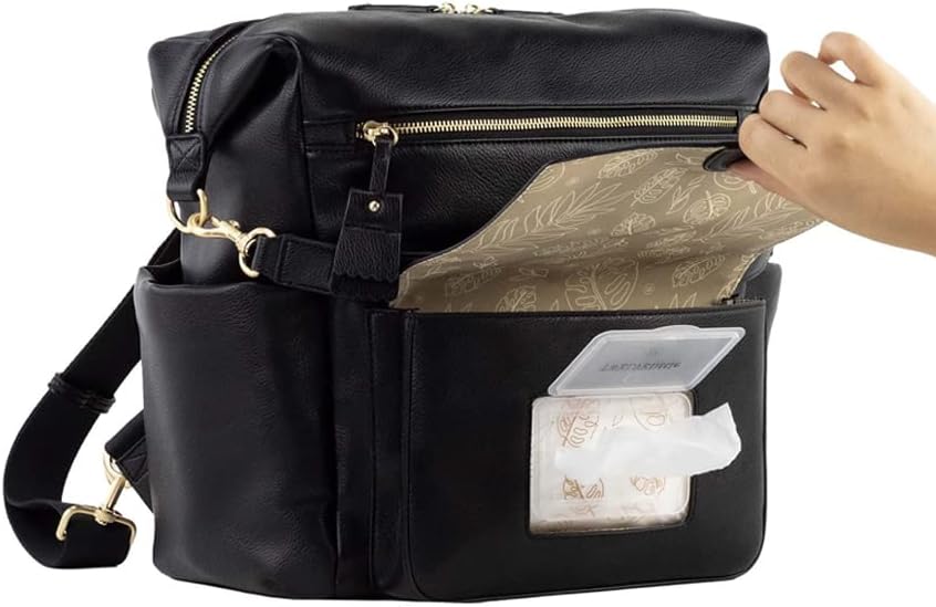 Miniatura 4 de TWELVElittle Peek A Boo - Mochila convertible con cambiador, funda de toallitas y clips para cochecito, cuero vegano, Negro -