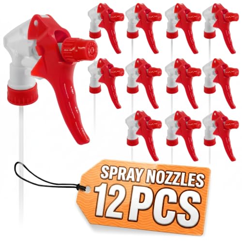 Image of 12 Pcs Spray Bottle Nozzle Replacement Pack - Heavy Duty Leak-Proof Trigger Sprayer for Cleaning Crews, Garden, Pet Care, Auto Detailing & Kitchen - Fits 8, 16, 24, 32 oz Bottles, 28-400 Thread (Red)