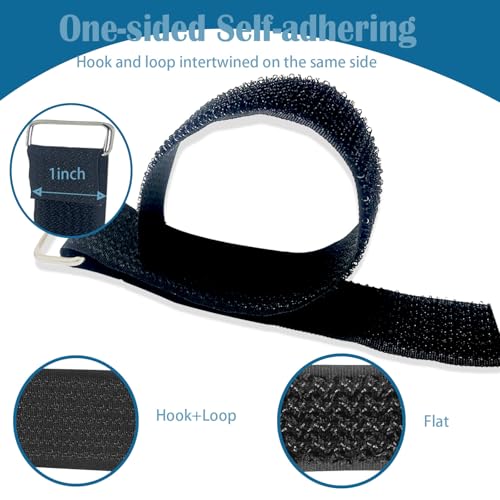 Image of 1 inch x 16ft Nylon Hook and Loop Straps with 25 Metal Buckles。Reusable Adjustable Strips Freely Cut-to-Length Straps for Organizer or Storage Straps Black
