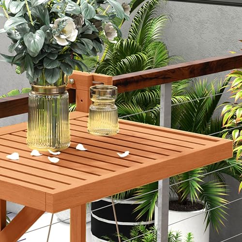 Outsunny Mesa Colgante de Balcón Mesa para Balcón Plegable de Madera con Altura Ajustable en 4 Niveles Carga 20 kg para Terraza 68x65x40,5-55 cm Madera Natural - imagen 8