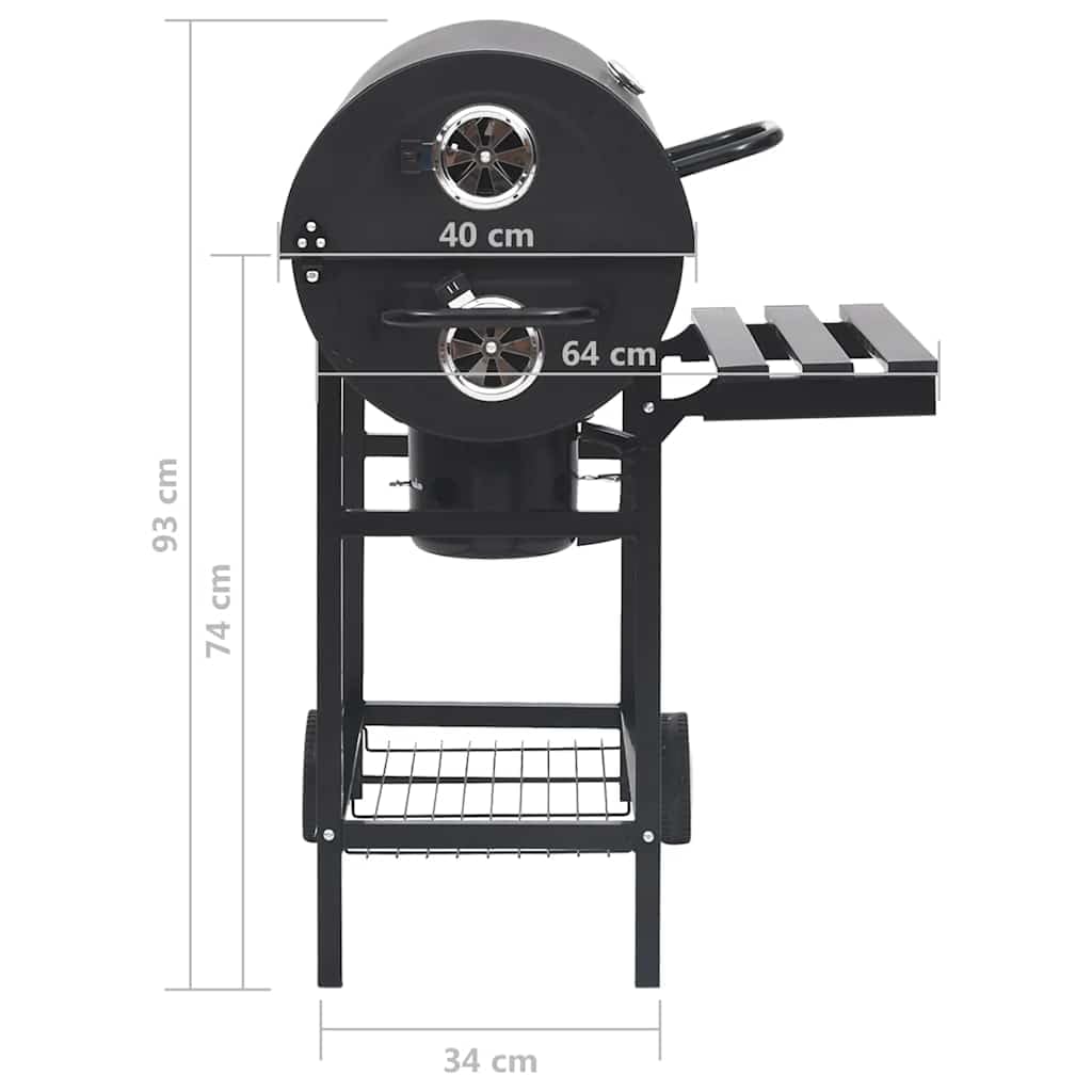Grill na kółkach z kołami i półkami, 115 x 85 x 95 cm, stalowy czarny, przenośny grill na węgiel drzewny z pokrywką, ruszt do podgrzewania, na balkon, do ogrodu, na taras, imprezę