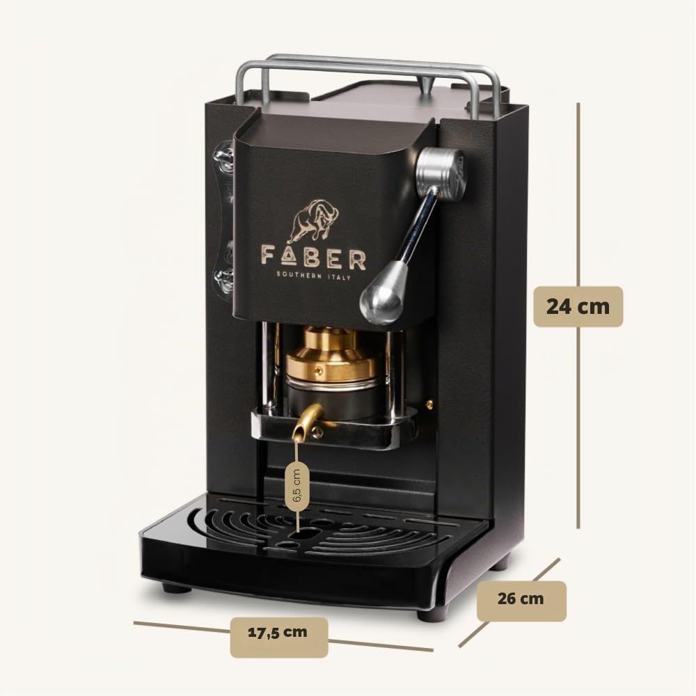 FABER COFFEE MACHINES | Modèle Pro Mini Deluxe | Machine à café à dosettes ese 44mm | Finition Chrome | Pressacialda en laiton (Mat Black)