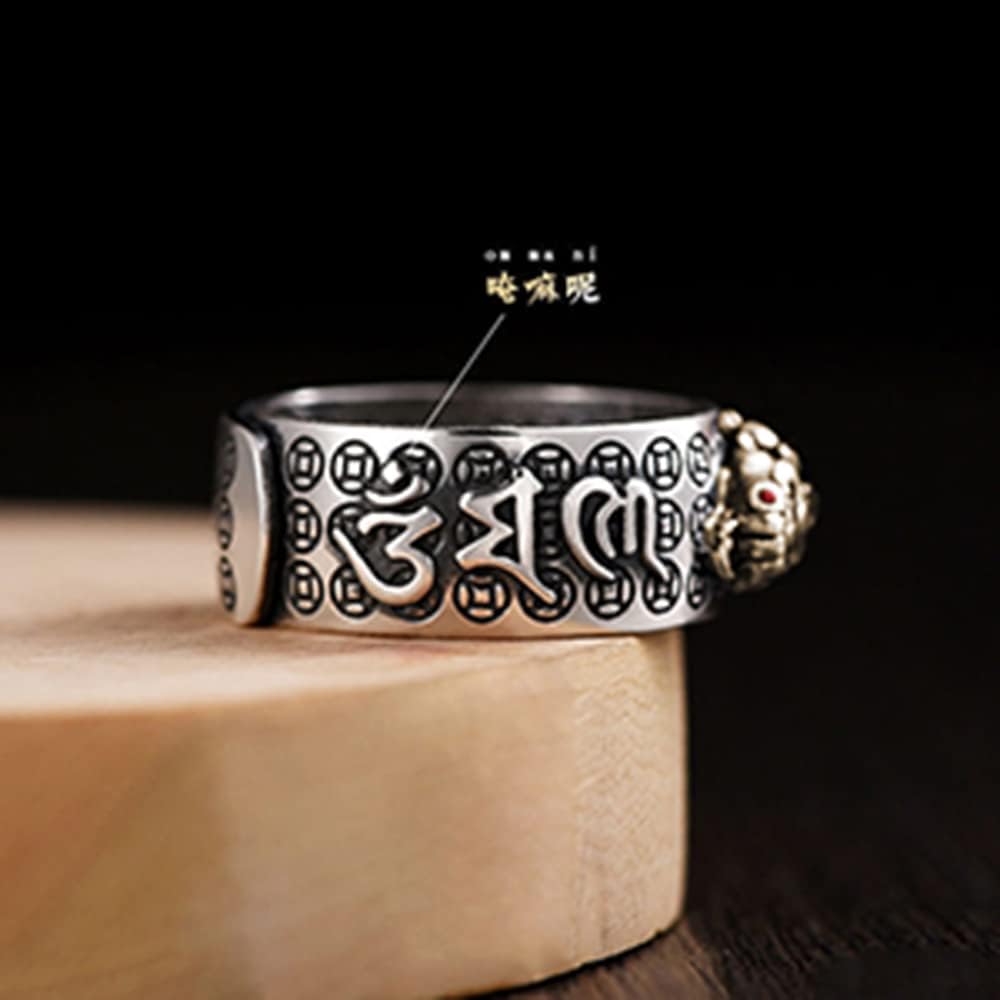 JAJAFOOK Sterling Silver Feng Shui Pixiu Mantra Ring Buddhist Good Luck Amulet Lucky Fortune Opening Adjustable Ring - Image 3