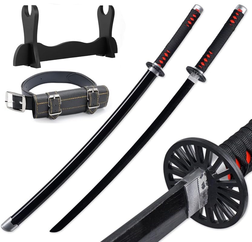 Udekit Espada de madera de anime japonés Zoro Katana Tanjiro Katana – Cinturón Katana de 104 cm y soporte de Katana, accesorios para cosplay