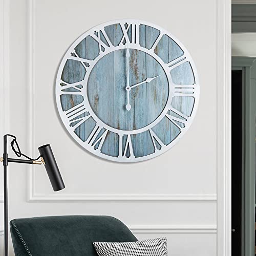 Wall Clock For Home Decor - 24 Inch Blue Wood Wall Clocks Battery Operated Nearly Silent Little Ticking Simple Minimalist Roman Numbers Clock Decorative For Bedrrom #TOP3
