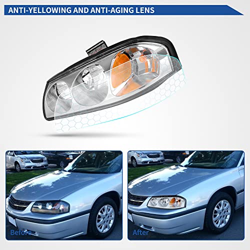 Image of OEDRO Headlights Assembly Compatible with 2000-2005 Chevy Impala Replacement Headlamp Chrome Housing Clear Lens Amber Reflector