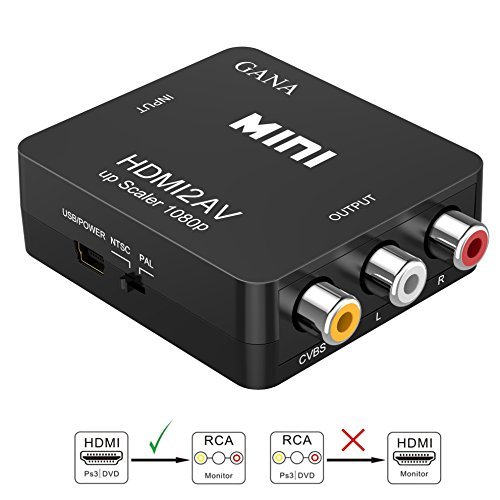 GANA HDMI a RCA, 1080P HDMI to AV 3RCA CVBs Adaptador de Convertidor de Audio y Video Compuesto Que Admite PAL/NTSC con Cable de Carga USB(Negro)