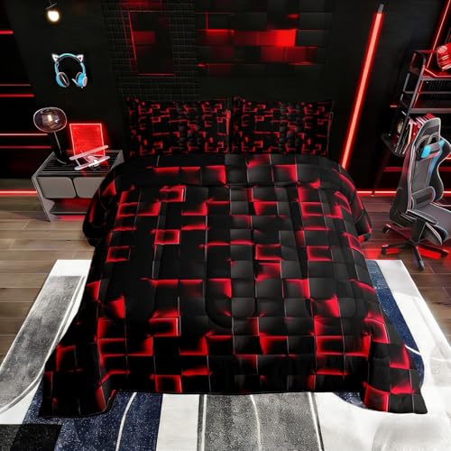 Image of Erosebridal Boys Red and Black Comforter Set King Geometric Checkered Kids Bedding Set Teen Men Gaming Room Decor,Abstract Ombre Plaid Comforter Grids Quilt Duvet