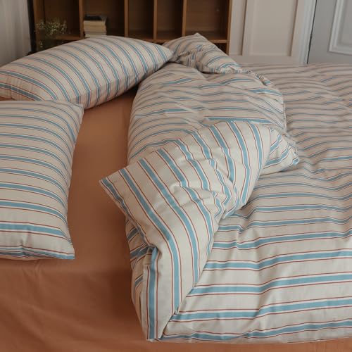Image of Striped Comforter Set King Size, 3 Pieces Lightweight Striped Bedding Comforter Set, Fluffy Soft Blue Brown Stripes Pattern Printed Bedding Set, Breathable King Size Comforter with 2 Pillowcases
