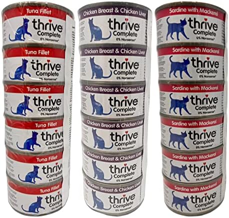 Thrive Cat Food Wet Complete Bundle containing 18 Tinned Cat Food sets (6 x 75g Thrive Tuna Fillet, 6 x 75g Thrive Chicken Breast & Chicken Liver, 6 x 75g Sardine & Mackerel)