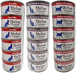 Thrive Cat Food Wet Complete Bundle containing 18 Tinned Cat Food sets (6 x 75g Thrive Tuna Fillet, 6 x 75g Thrive Chicken Breast & Chicken Liver, 6 x 75g Sardine & Mackerel)